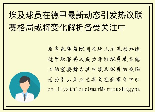 埃及球员在德甲最新动态引发热议联赛格局或将变化解析备受关注中